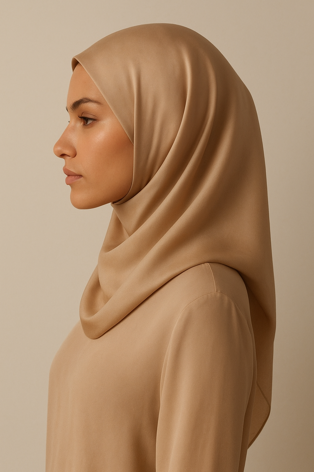 Femme de profil portant un foulard à enfiler : le Easyjab, de couleur beige, en soie stretch, élégant et confortable